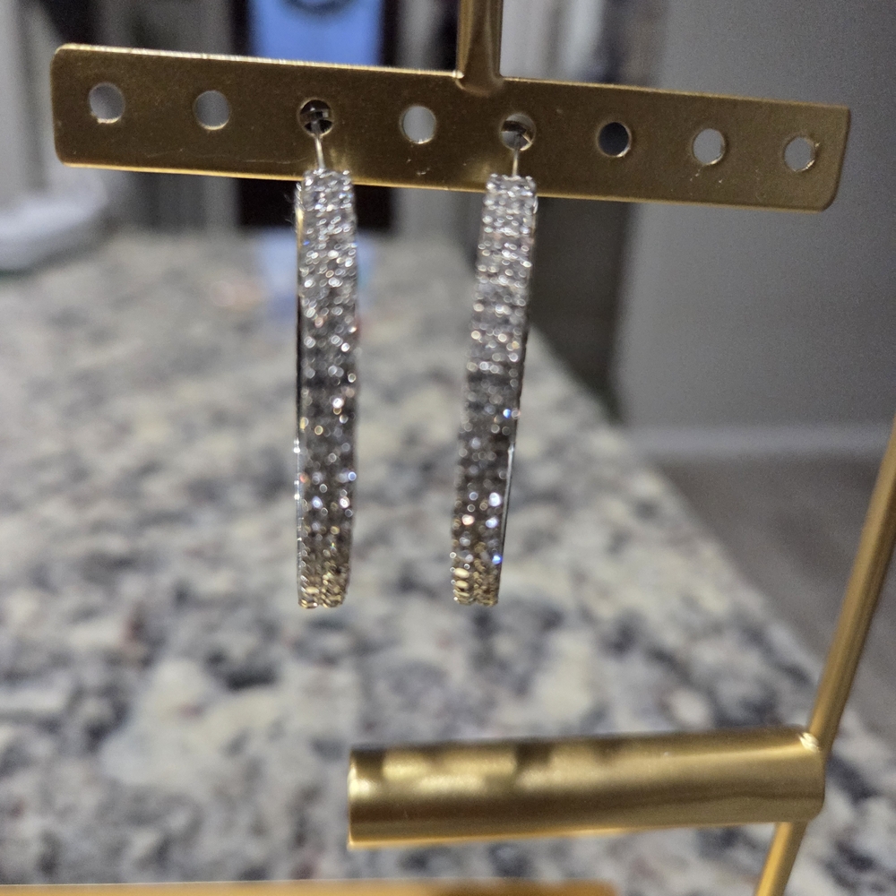 Silver Crystal Pavé Hoop Earrings - Elegant Women's Jewelry - Picture 2 of 3